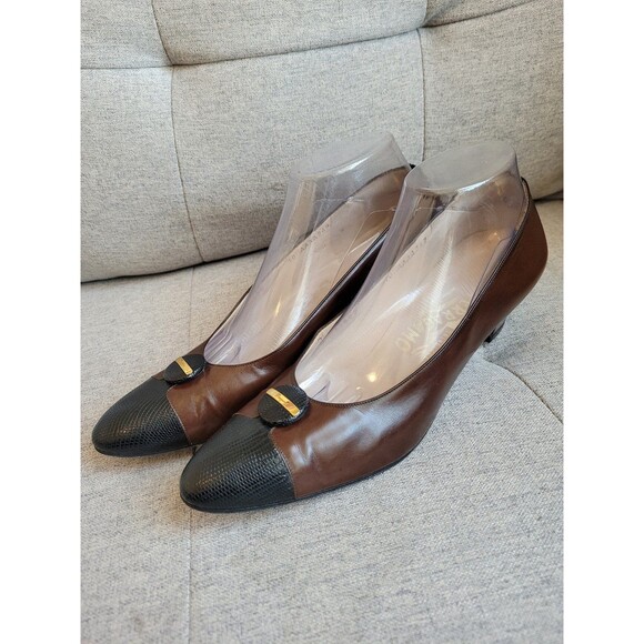 Salvatore Ferragamo Leather Pumps Colorblock Brown Classic Formal Size 10.5 AAAA - Picture 1 of 10
